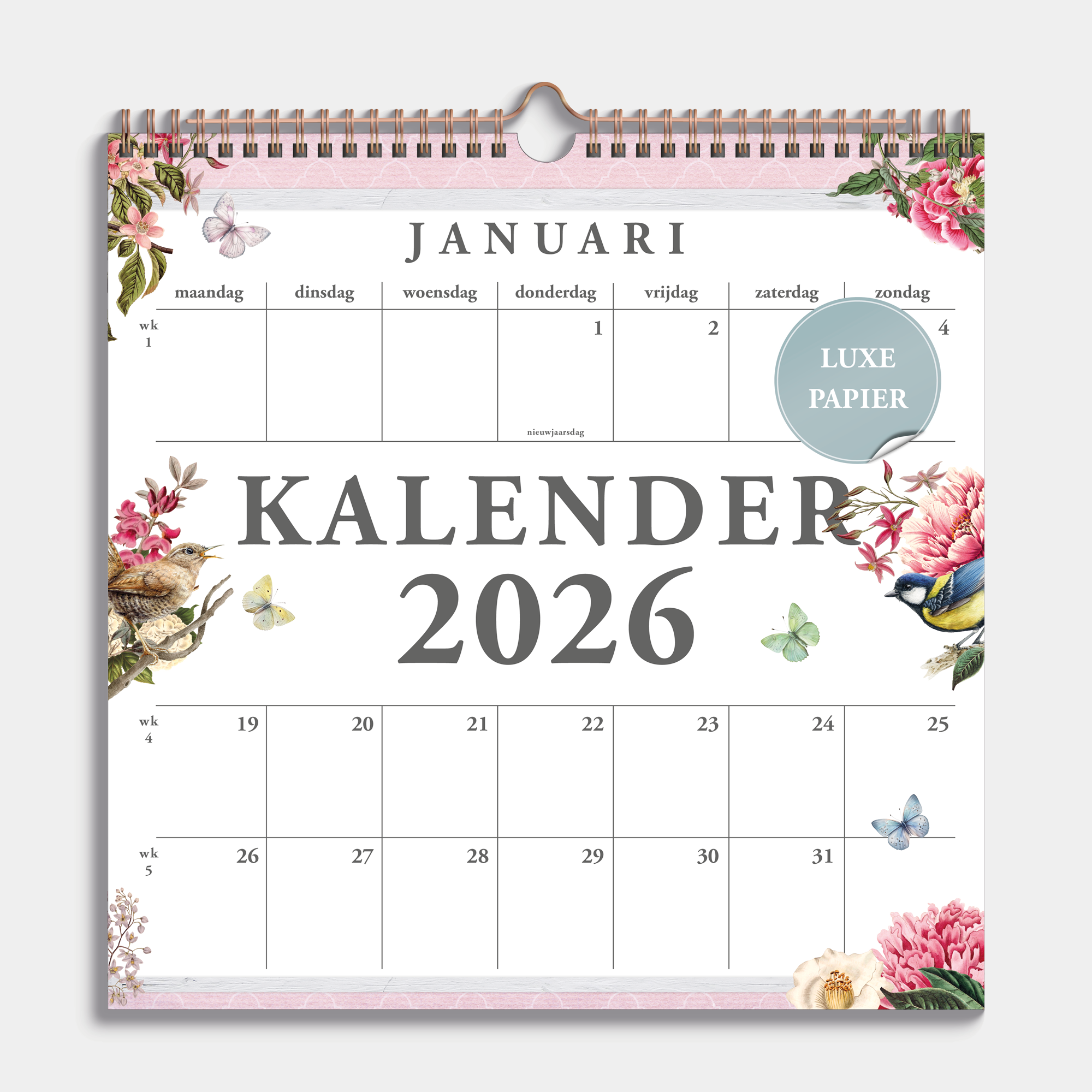 Spiraalgebonden jaarkalender 2026 met brocanteprint op luxe papier – vooraanzicht.