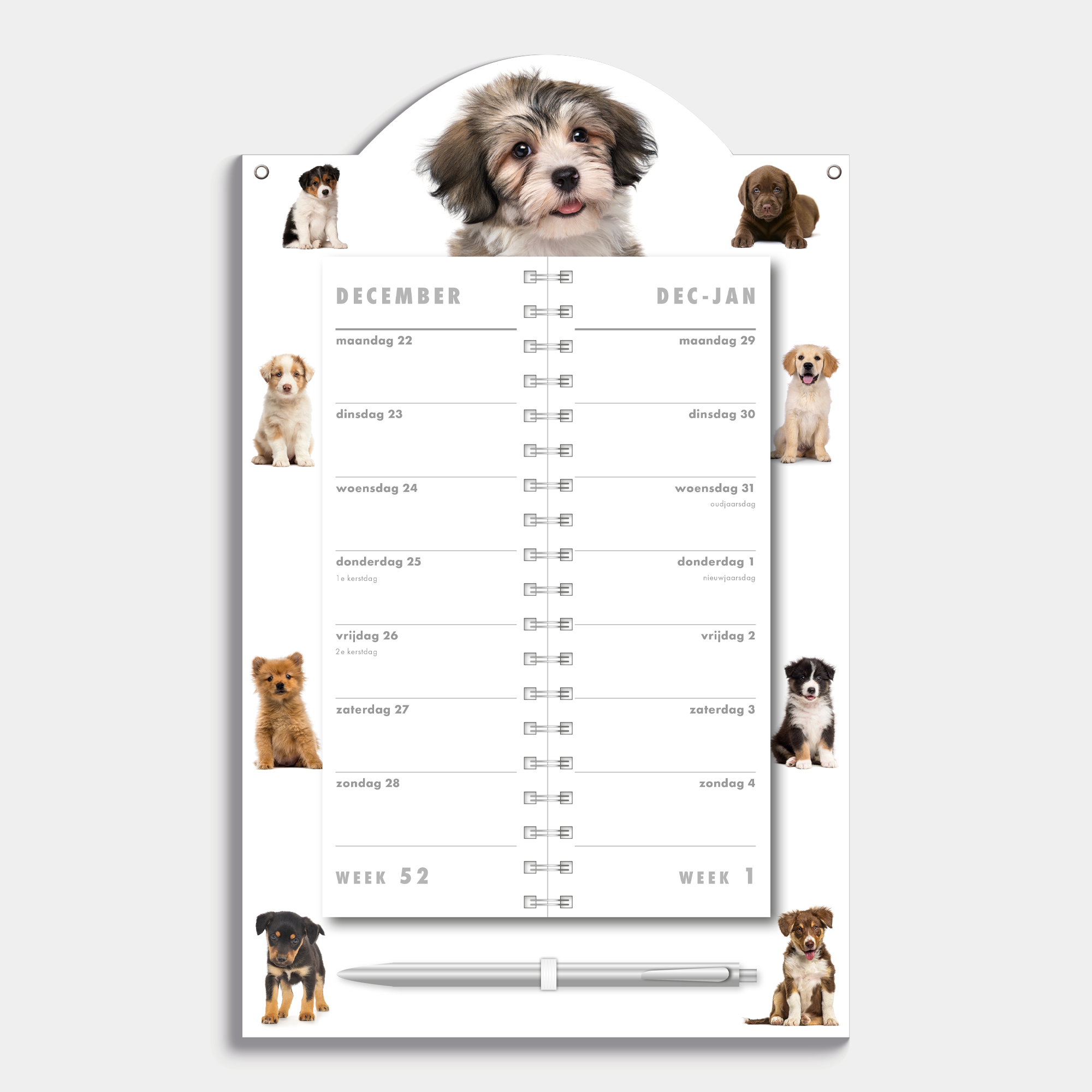 Luxe omslagkalender 2026 met 2-weeks overzicht op een kartonnen bord met foto's van honden en puppy's, voorzien van een pen en ophangkoord – vooraanzicht.