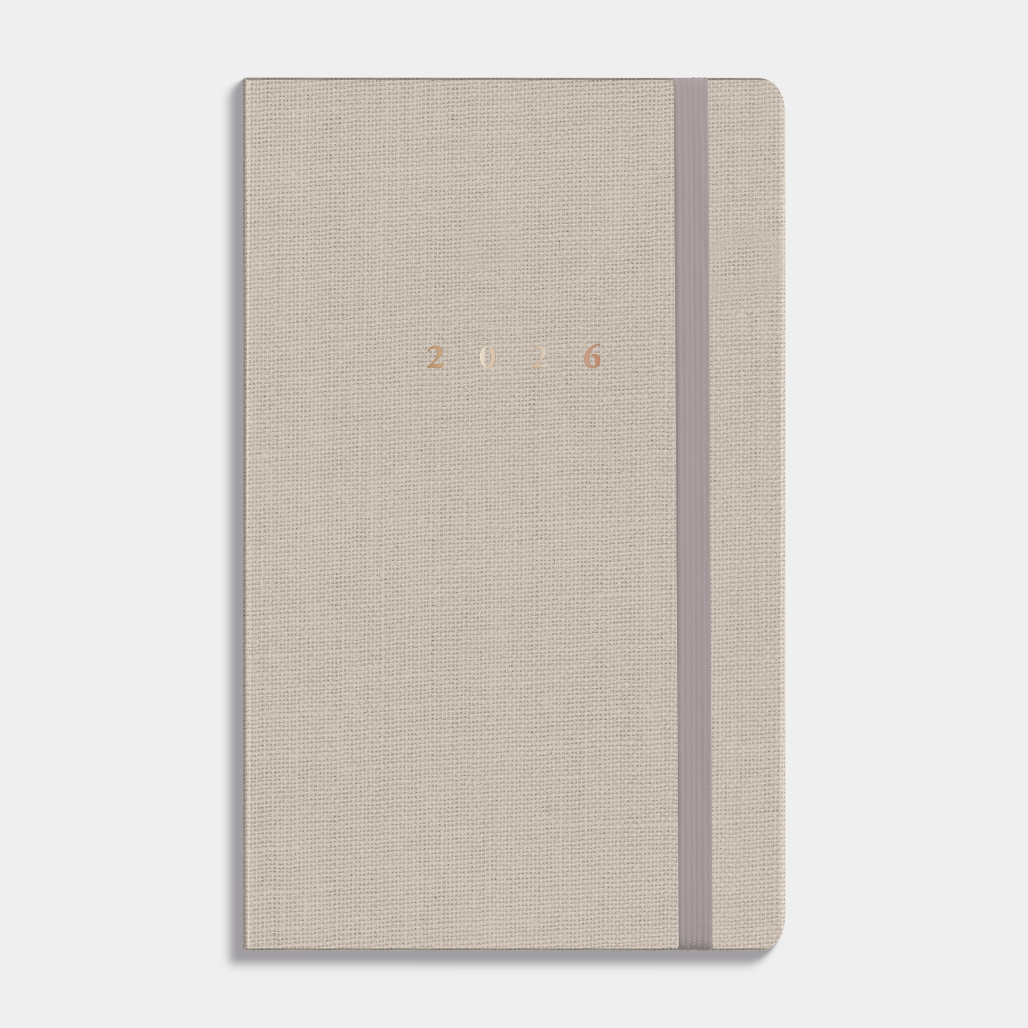 A6 agenda 2026 met linnen coverafwerking en stevige elastieken sluiting – vooraanzicht.
