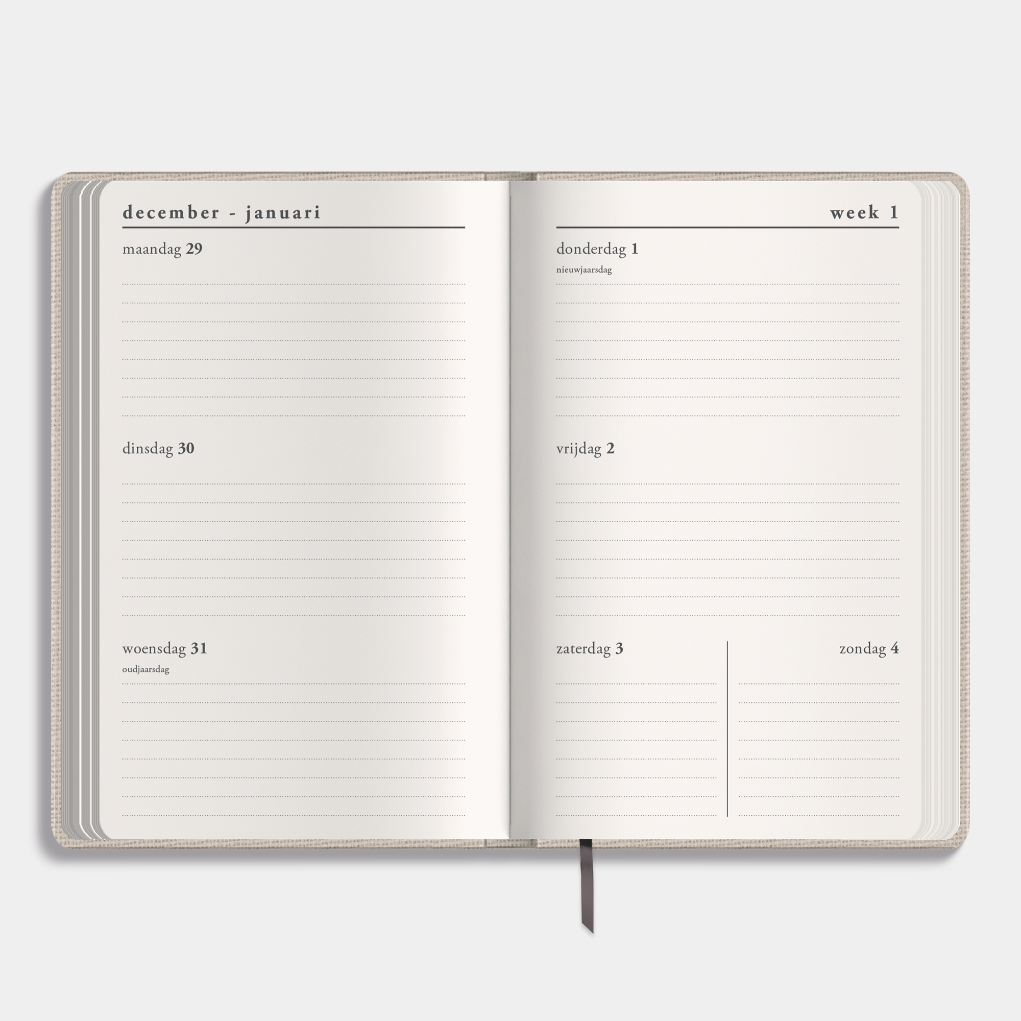 A6 agenda 2026 met linnen coverafwerking en stevige elastieken sluiting – binnenwerk met weekoverzicht.