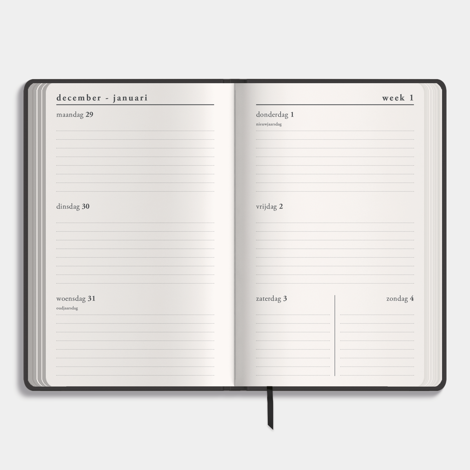 A6 agenda 2026 met suèdelook cover in antraciet – binnenwerk met weekoverzicht.