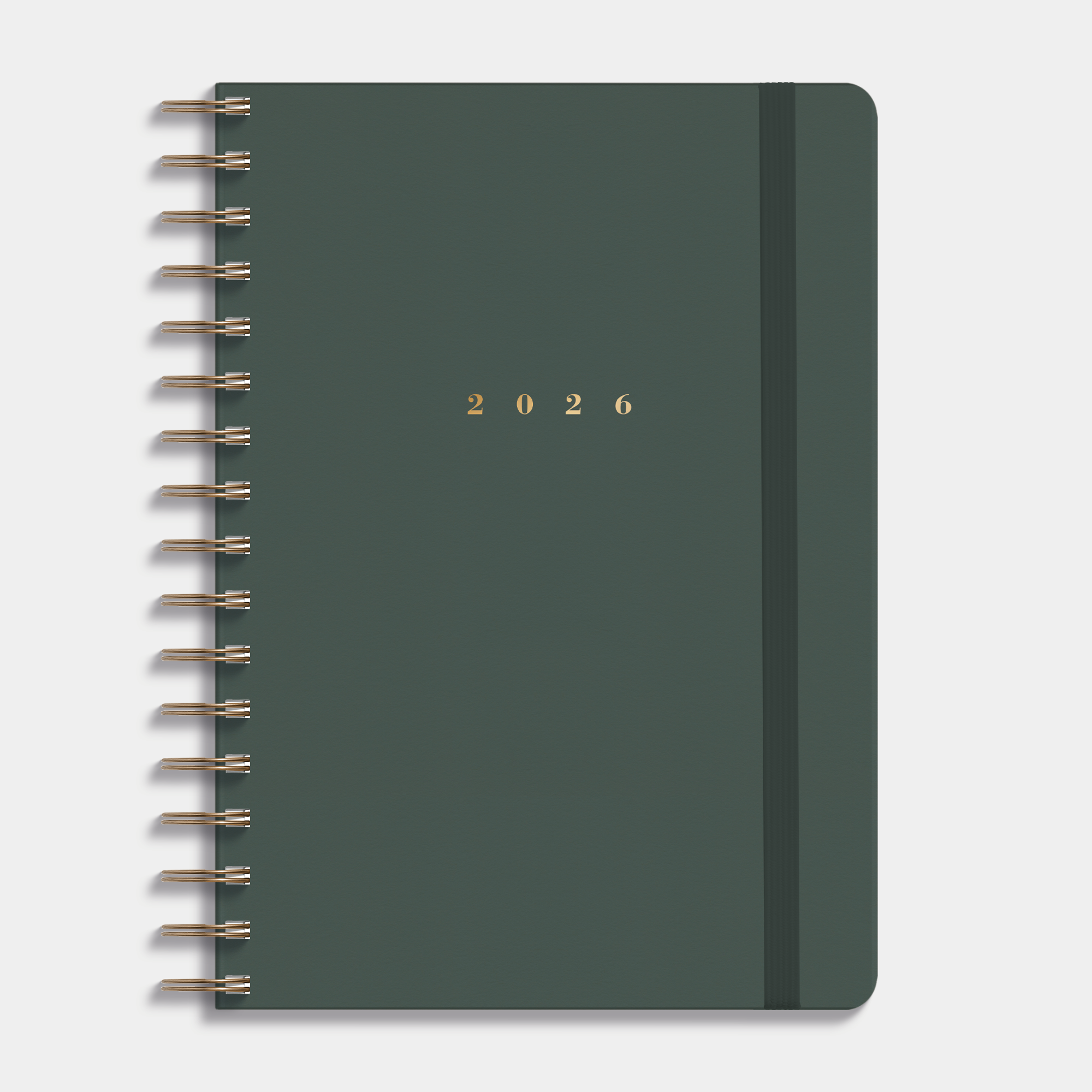 Luxe ringband agenda 2026 A5 met donkergroene suèdelook afwerking, harde cover en elastische sluiting – vooraanzicht.