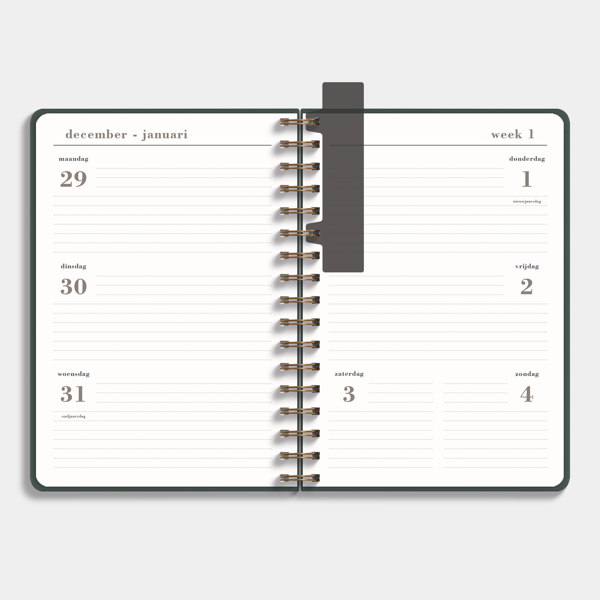luxe ringband agenda 2026 A5 met donkergroene suèdelook afwerking – binnenwerk met weekoverzicht.