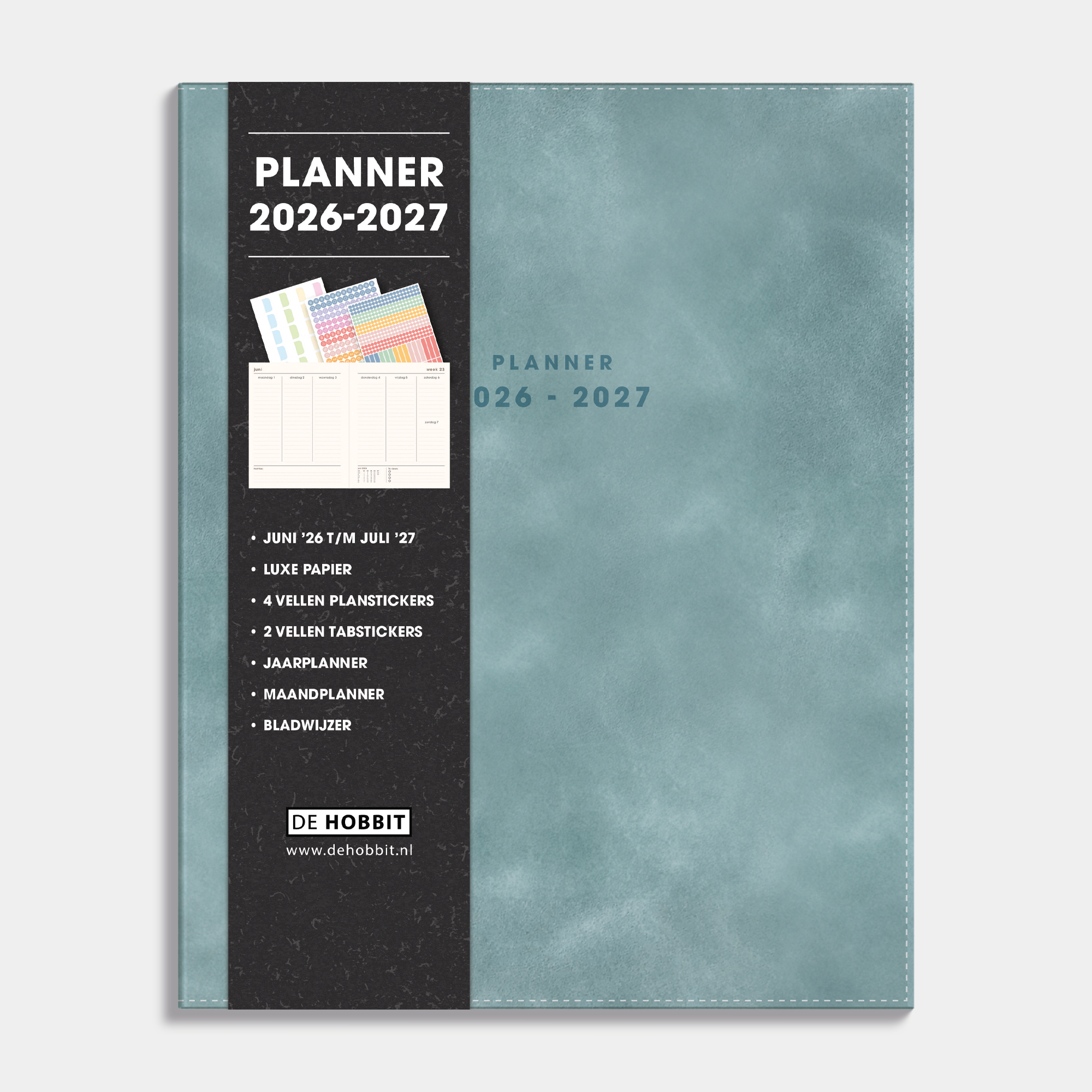 Luxe weekplanner 2026-2027 in A5+ formaat met een flexibele cover die is afgewerkt in blauwgrijs suèdelook – vooraanzicht met informatieve banderol.