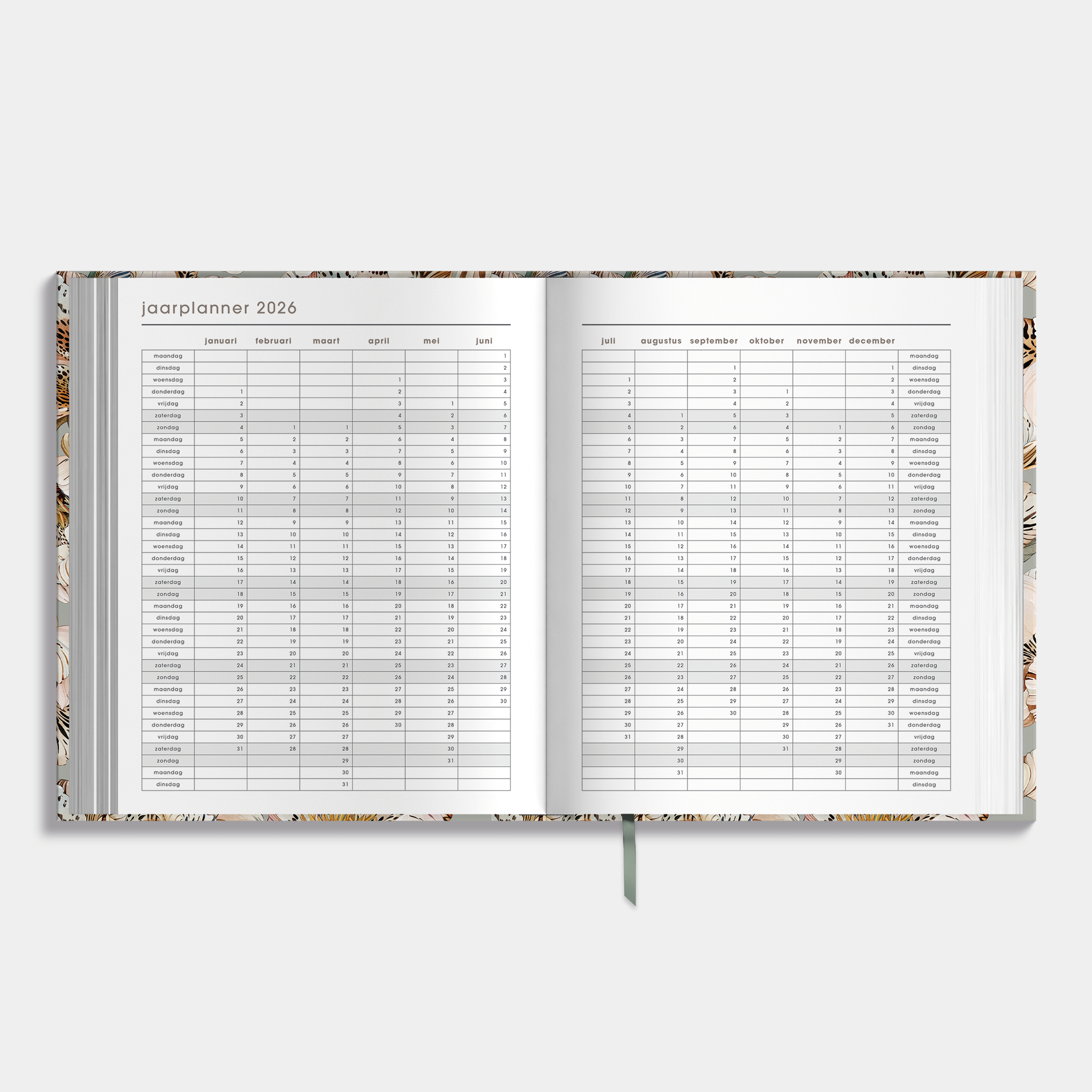 luxe weekplanner 2026 met print van tijgerlelies – binnenwerk met jaarplanner.