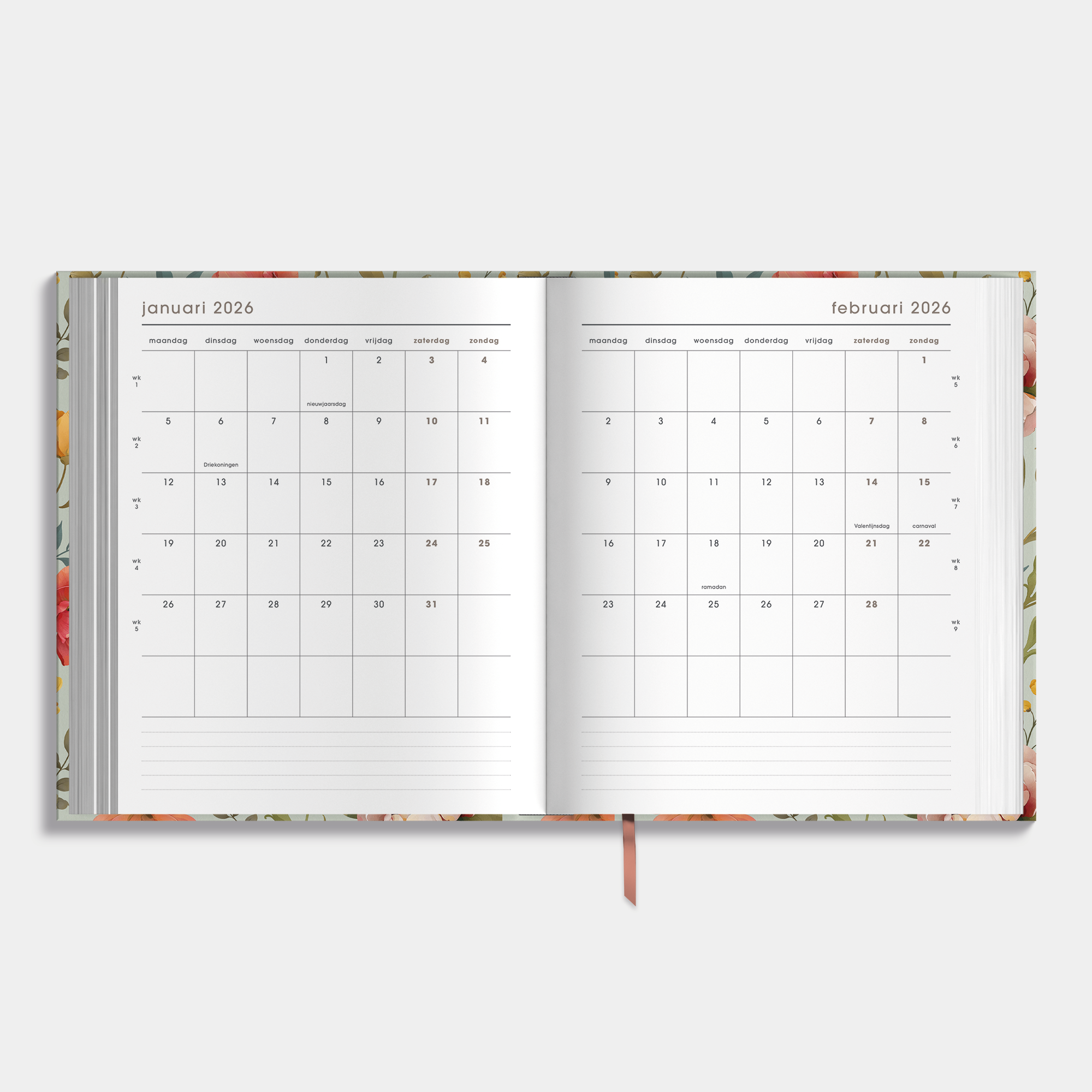 luxe weekplanner 2026 met vintage print van bloemen – weekoverzicht met maandplanner.