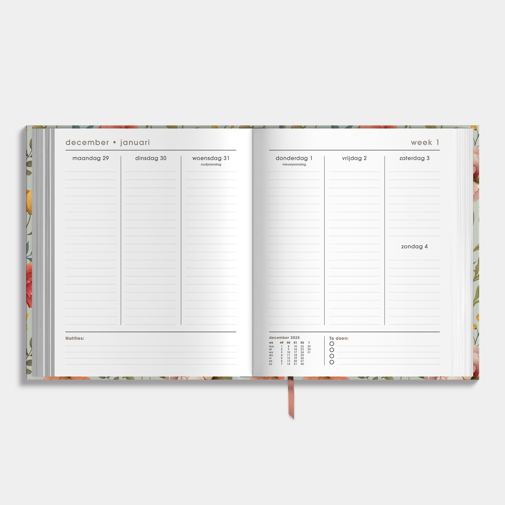 luxe weekplanner 2026 met vintage print van bloemen – weekoverzicht met ruimte voor notities en to-dolijstje.