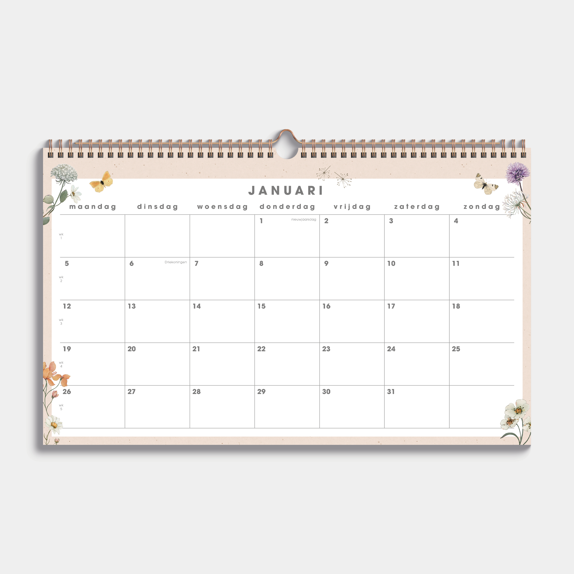Maandkalender 2026 in bijna A3 formaat met veldbloemenprint en metalen spiraal – maandoverzicht.