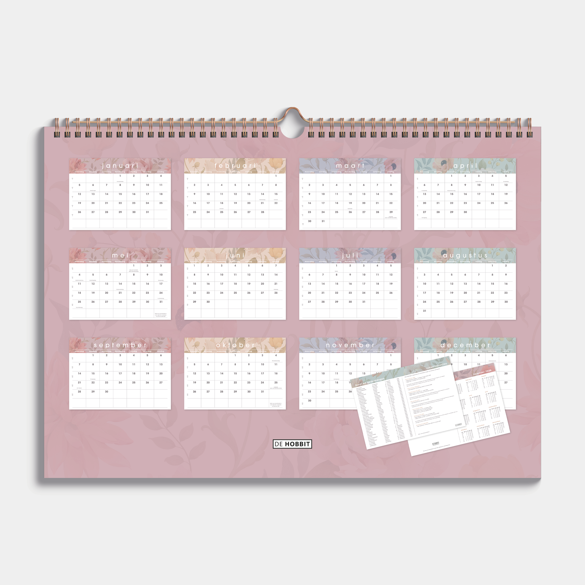 maandkalender 2026 in A3 met een subtiel dessin van vintage bloemen, met een metalen spiraal – achteraanzicht.