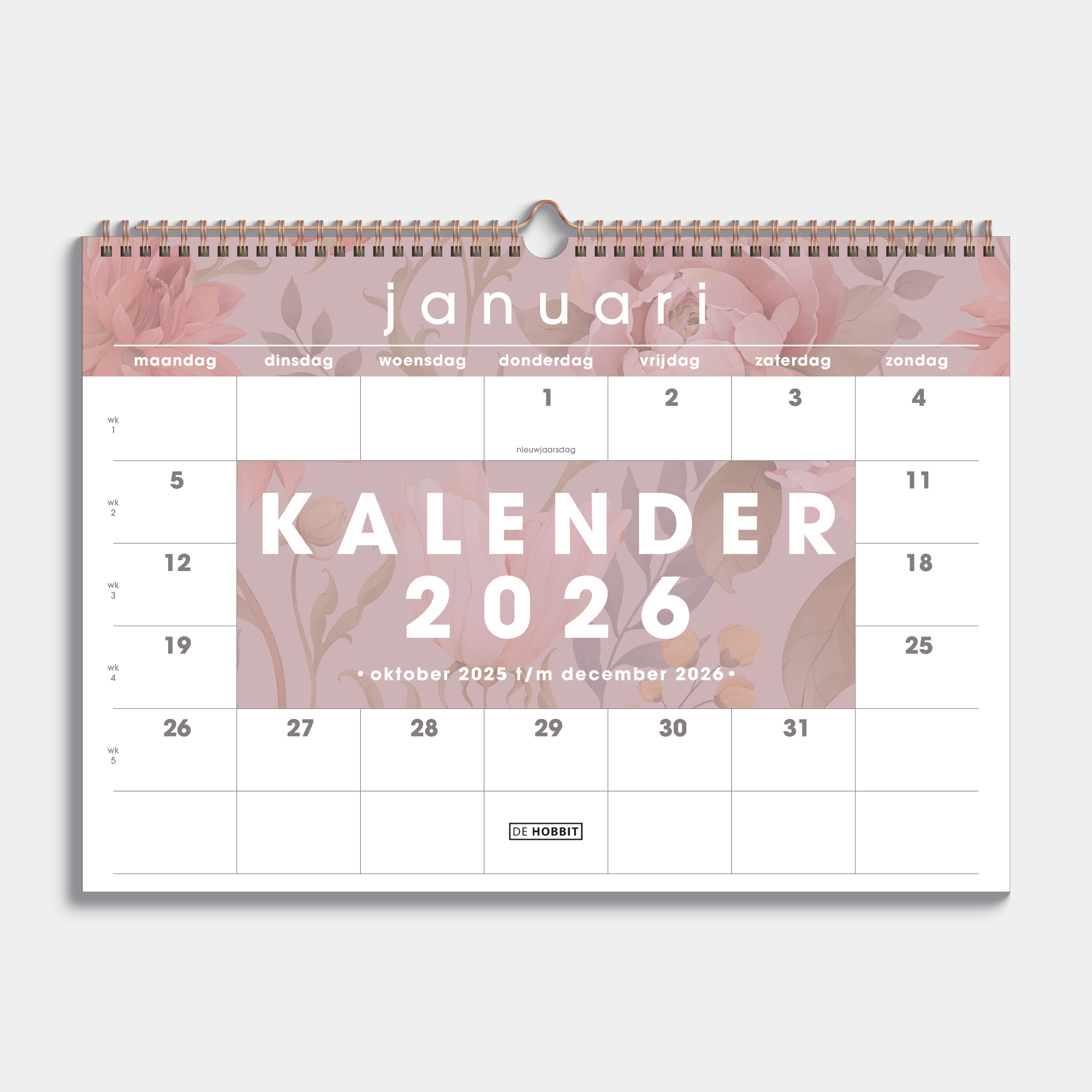 maandkalender 2026 in A3 met een subtiel dessin van vintage bloemen, met een metalen spiraal – vooraanzicht.