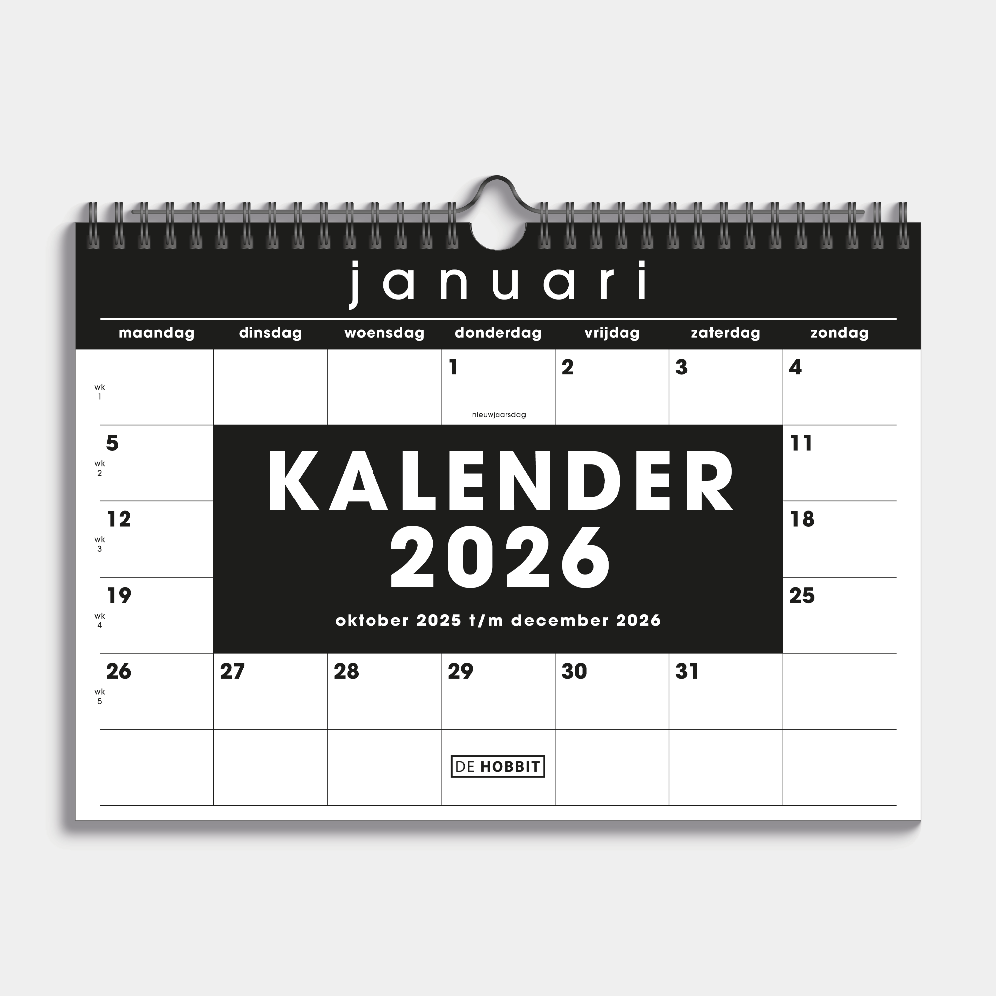 Maandkalender 2026 in basic zwart en wit met metalen spiraal – vooraanzicht.