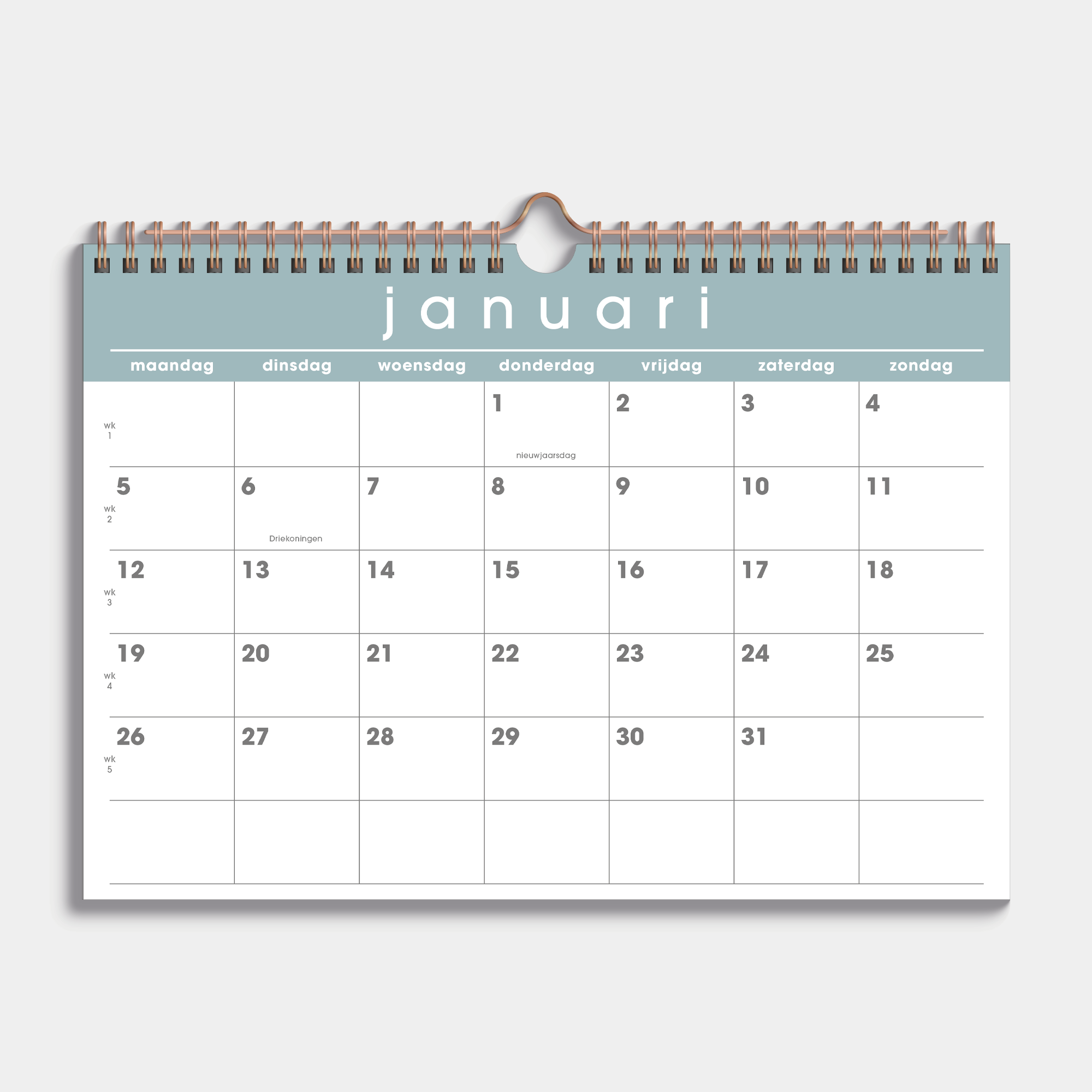 Maandkalender 2026 in A4 met grijsgroene accenten en metalen spiraal – maandoverzicht.