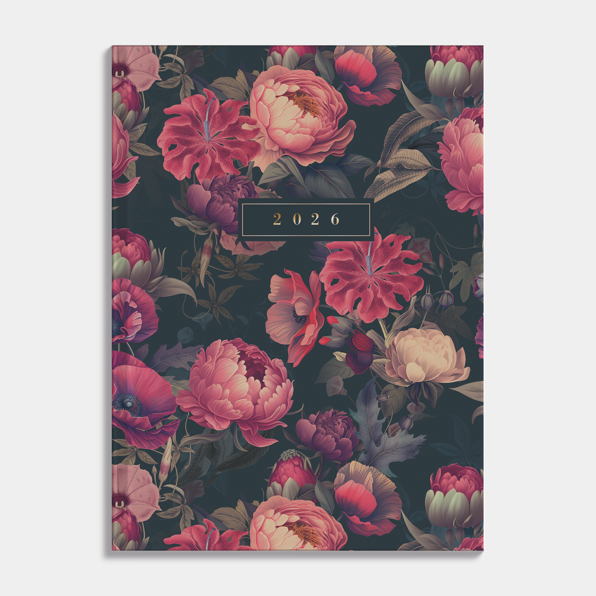 pocket agenda 2026 in A6 formaat met een klassieke print van rozen in rode tinten – vooraanzicht.