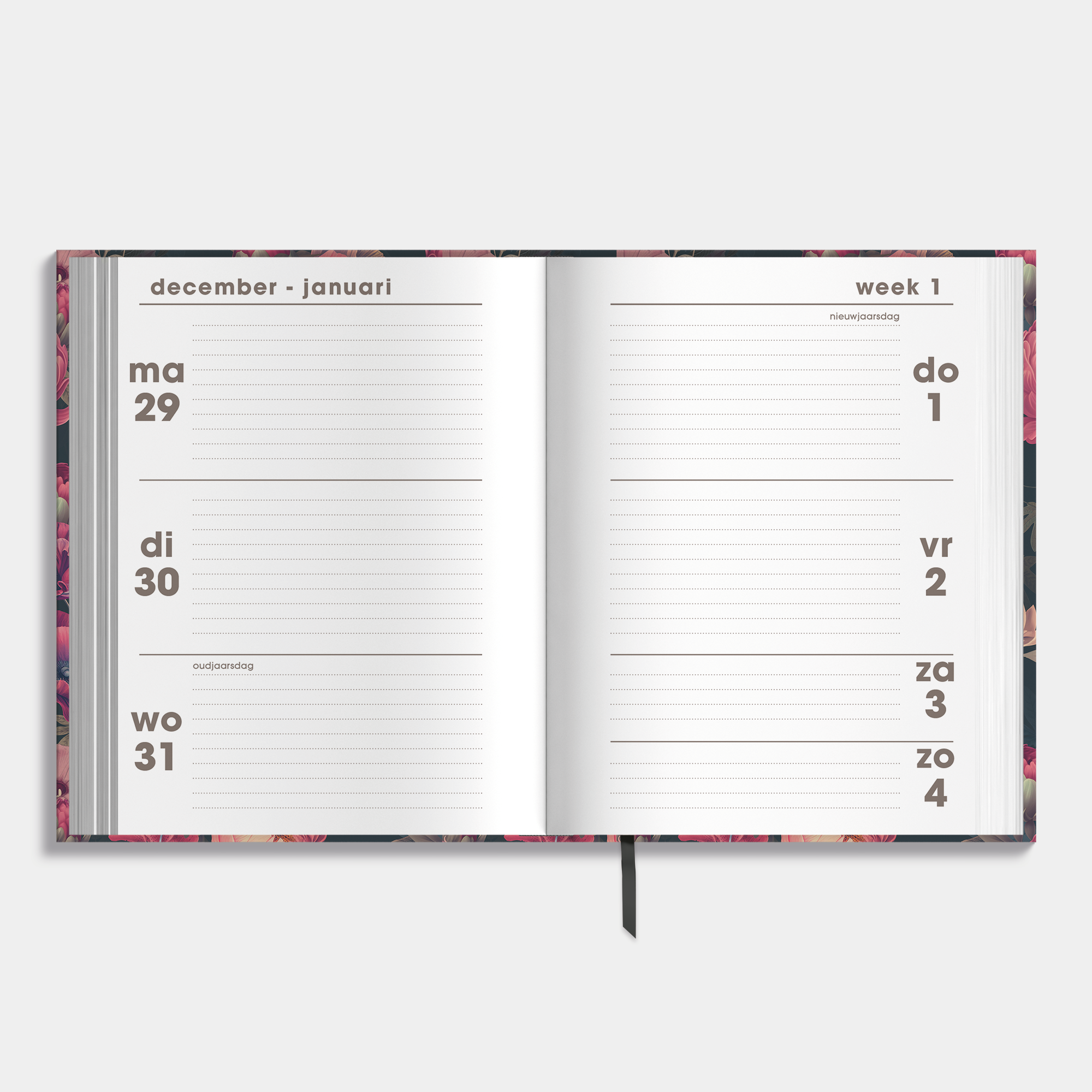 pocket agenda 2026 in A6 formaat met een klassieke rozen in rode tinten – binnenwerk met weekoverzicht.