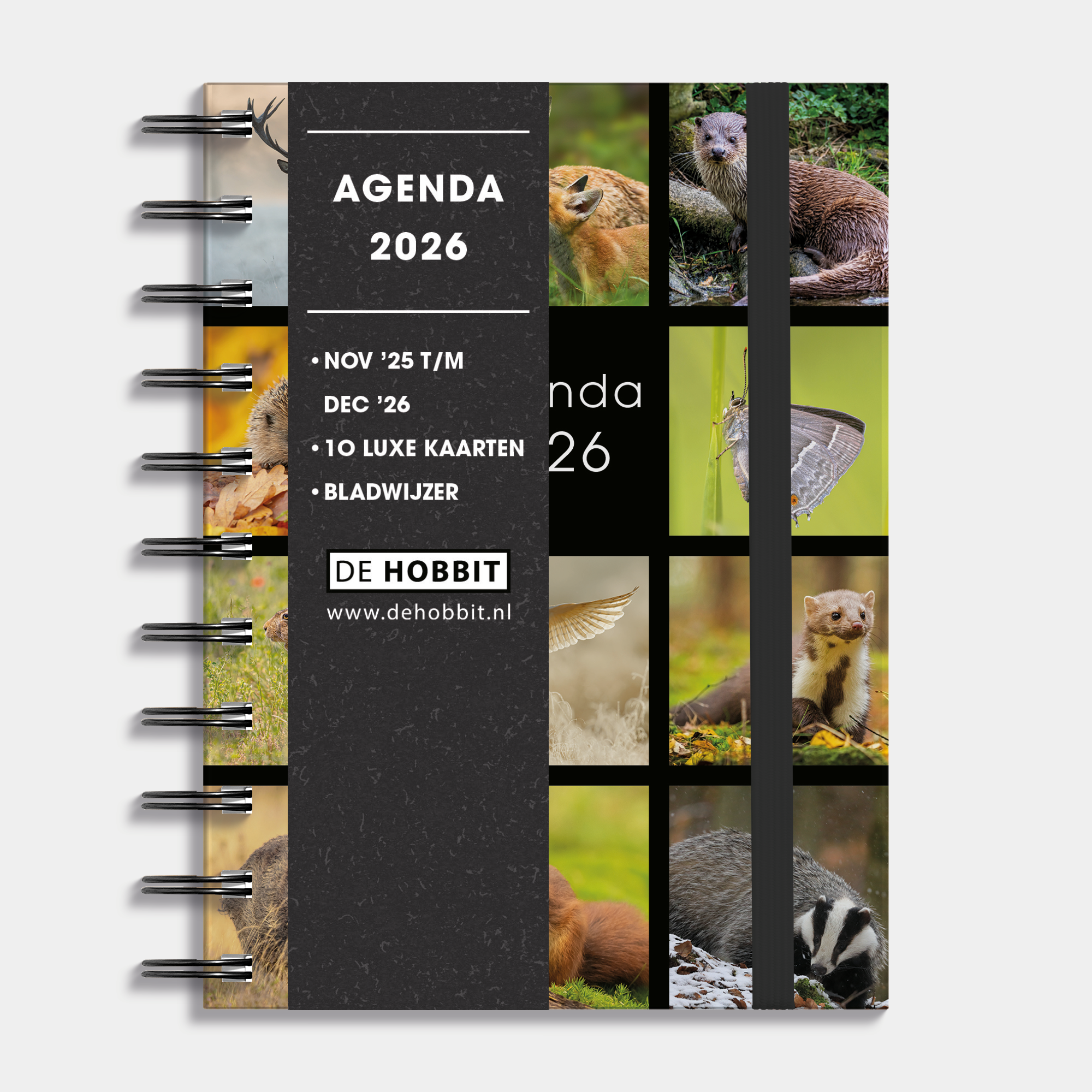 A6 ringband agenda 2026 met afbeeldingen van Nederlandse flora en fauna, met harde cover en elastische sluiting – vooraanzicht met informatieve banderol.