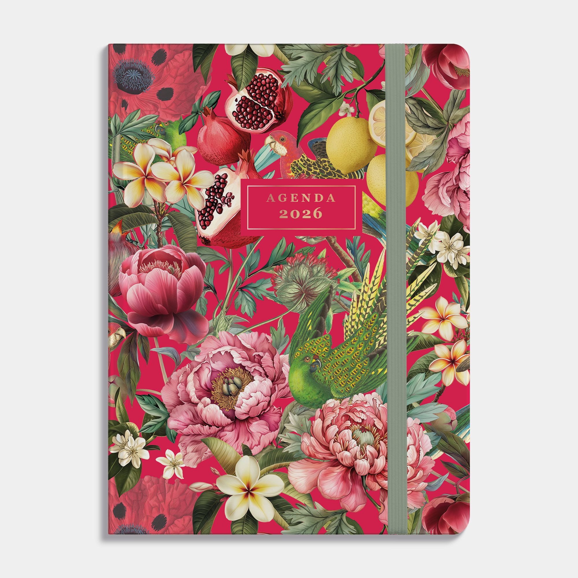 A6 agenda 2026 met tropische print op velvet ronde achtergrond, met een stevige maar zachte cover en elastische sluiting – vooraanzicht.