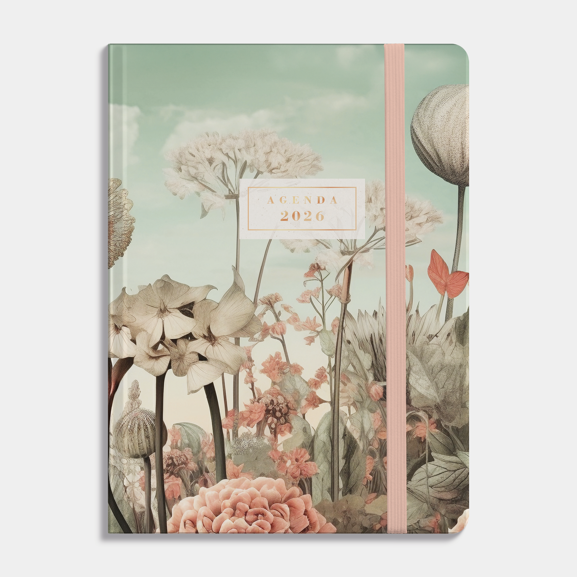 A6 agenda 2026 met veldbloemenprint, met zachte maar stevige cover en elastische sluiting – vooraanzicht.