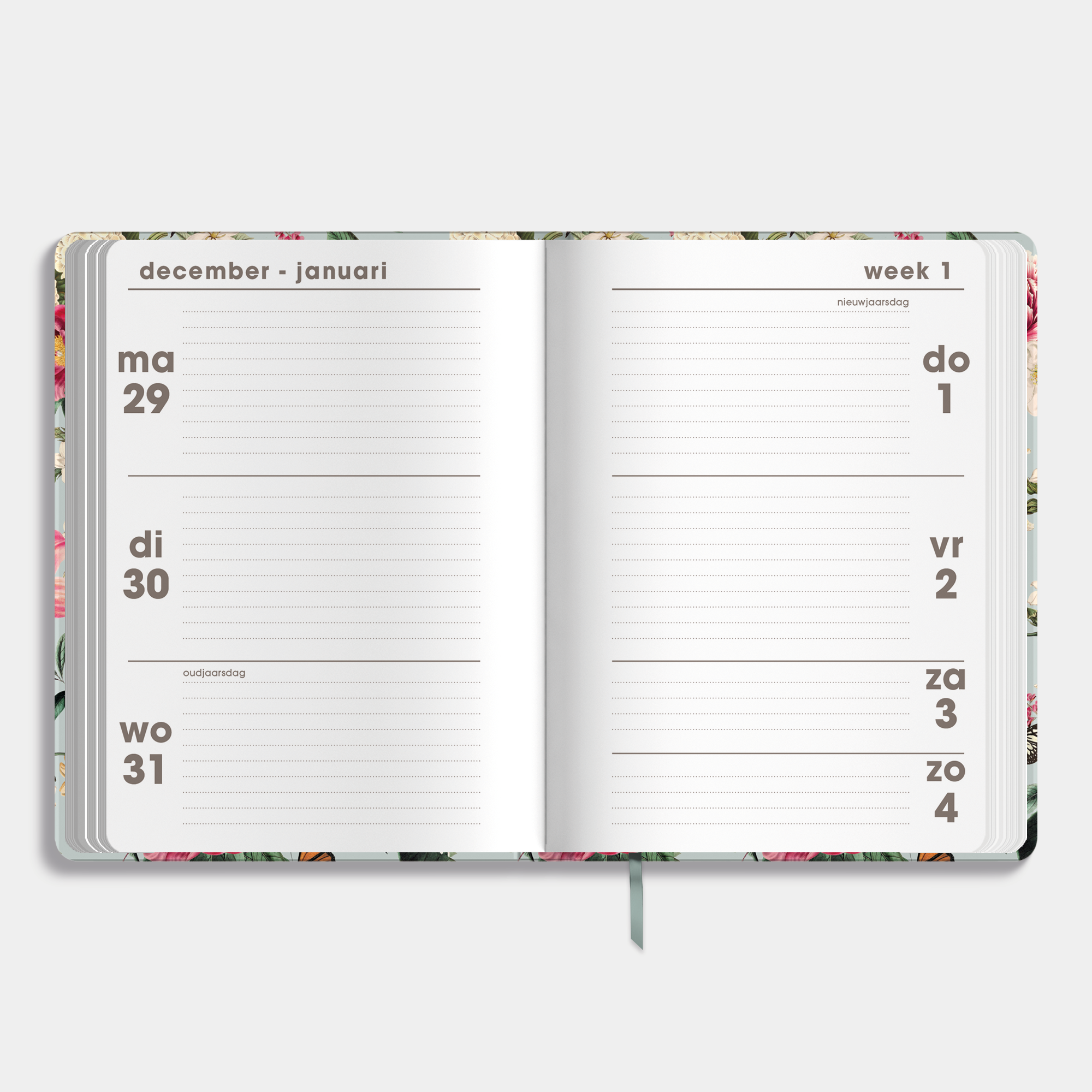 A6 agenda 2026 met brocante print – binnenwerk met weekoverzicht.