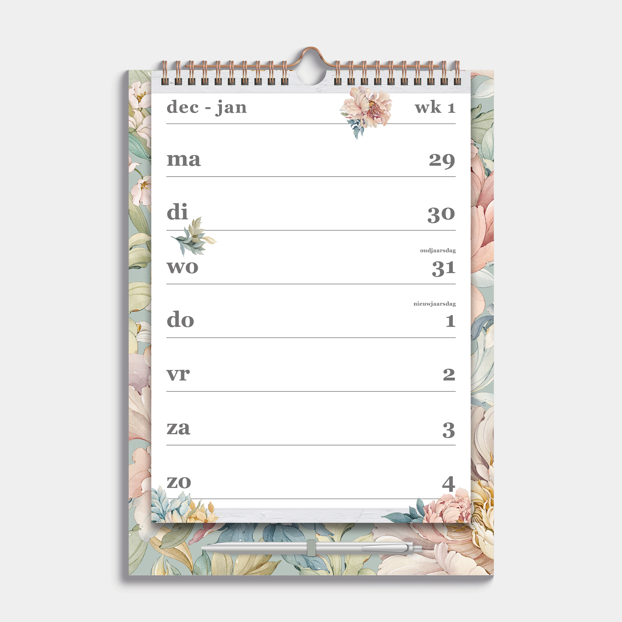 Weekkalender 2026 A4 op een kartonnen bord voorzien van een vintage print van pioenrozen en jasmijn. De kalender is gebonden in een koperkleurige metalen spiraal en hanger – binnenwerk met weekoverzicht.