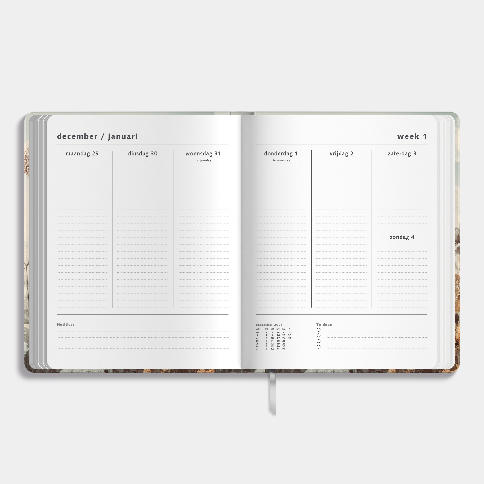 weekplanner 2026 met stijlvolle veldbloemenprint – weekoverzicht met ruimte voor notities.