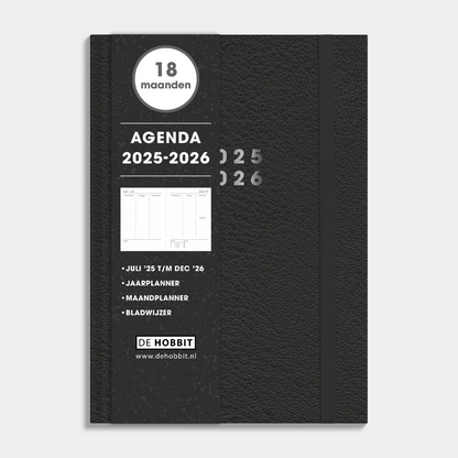 18 maanden agenda 2025 - 2026 A5 zwarte lederlook afwerking, harde cover en elastische sluiting – vooraanzicht met informatieve banderol.