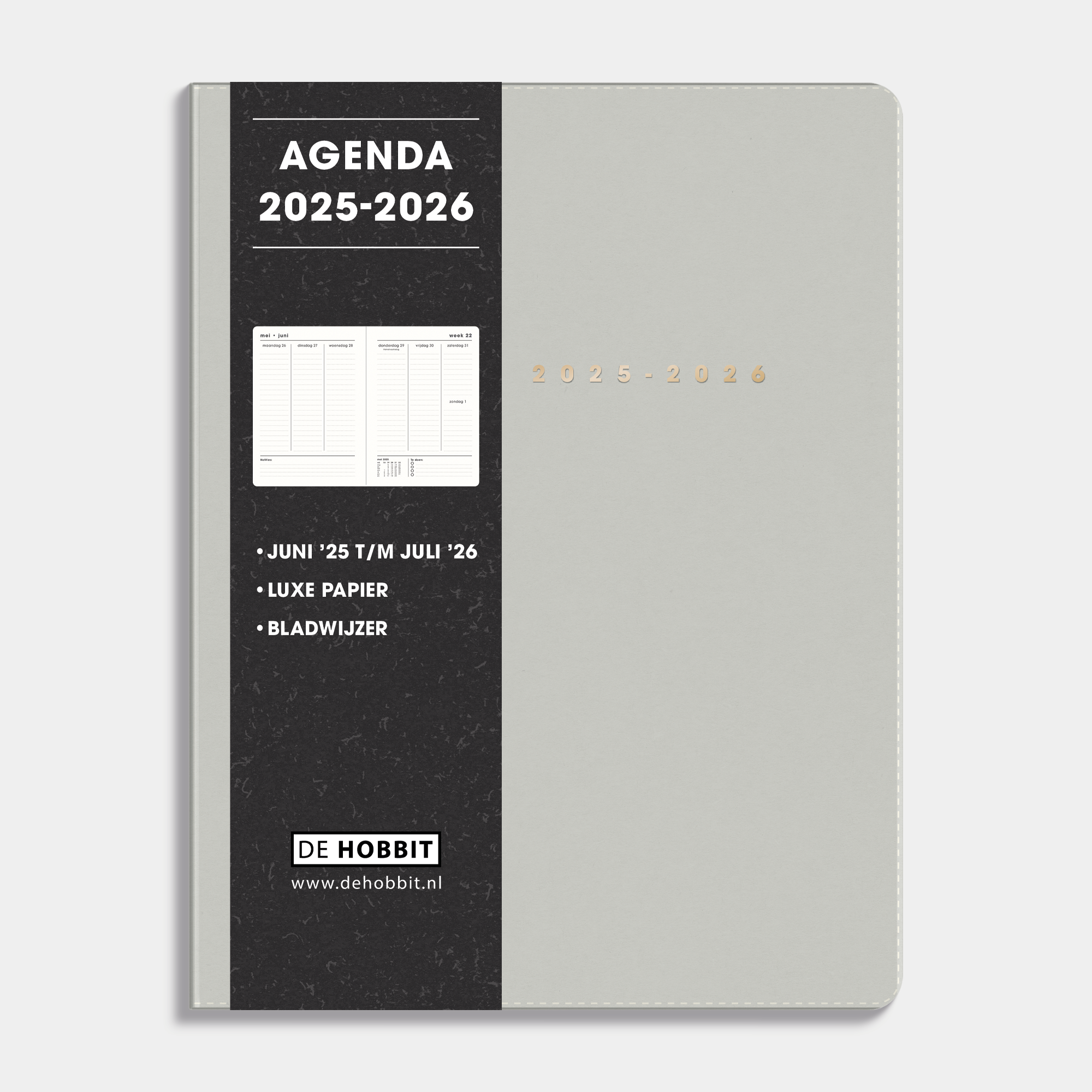 A5 agenda 2025 - 2026 met een flexibele lichtgrijze coverhoes – vooraanzicht met informatieve banderol.