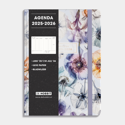 A5 agenda 2025 - 2026 met waterverf bloemen print, harde cover en elastische sluiting – vooraanzicht met informatieve banderol.