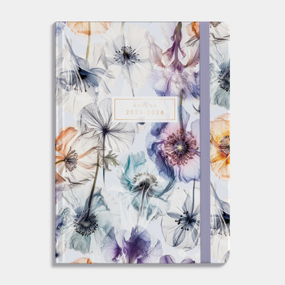 A5 agenda 2025 - 2026 met waterverf bloemen print, harde cover en elastische sluiting – vooraanzicht.