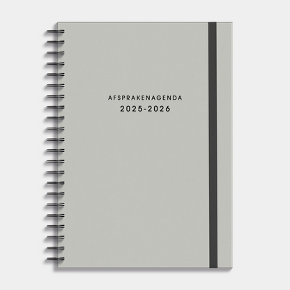 Afsprakenagenda 2025 - 2026 A4 met grijze washed craft afwerking, harde cover en elastische sluiting – vooraanzicht.
