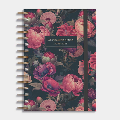 Afsprakenagenda 2025 - 2026 A5 met klassieke print van rode bloemen op een donkere achtergrond, harde cover en elastische sluiting – vooraanzicht.
