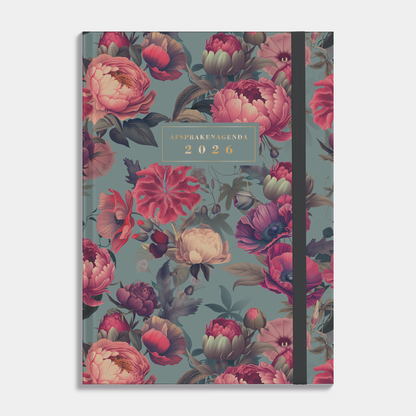 Afsprakenagenda 2026 A4 met klassieke print met rozen, harde cover en elastische sluiting – vooraanzicht.