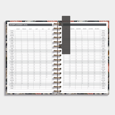 Afsprakenagenda 2026 A5 met klassieke print van kraanvogels en pioenrozen – binnenwerk met jaarplanner.