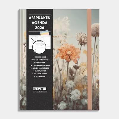 Afsprakenagenda 2026 A5+ formaat met veldbloemenprint, harde cover en elastische sluiting – vooraanzicht met informatieve banderol.