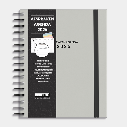 Afsprakenagenda 2026 A5+ formaat met grijze washed craft afwerking, harde cover en elastische sluiting – vooraanzicht met informatieve banderol.