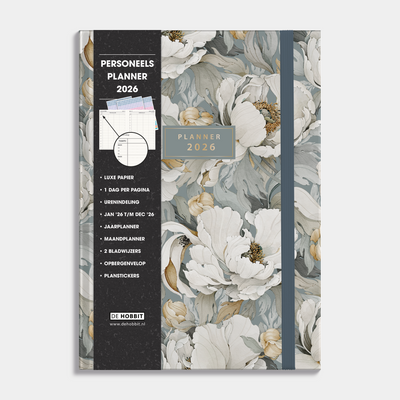 personeelsplanner 2026 in A4 formaat met ontwerp van witte pioenen op grijsblauwe achtergrond, harde cover en elastische sluiting – vooraanzicht met informatieve banderol.