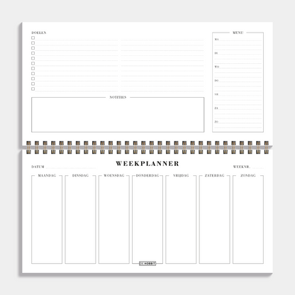 Bureauplanner undated met een design van verfstreken in warme aardetinten – binnenwerk met weekplanner, weekmenu, doelen en notities.
