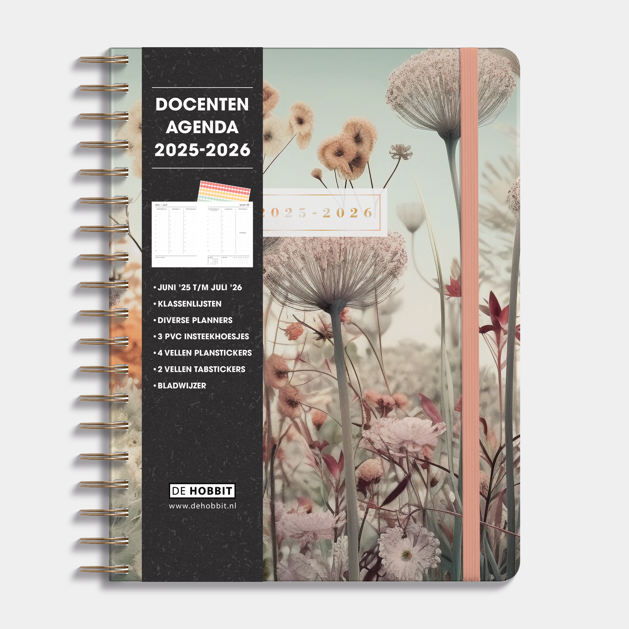 Docentenagenda 2025-2026 A4 met veldbloemenprint, harde cover en elastische sluiting – vooraanzicht met informatieve banderol.