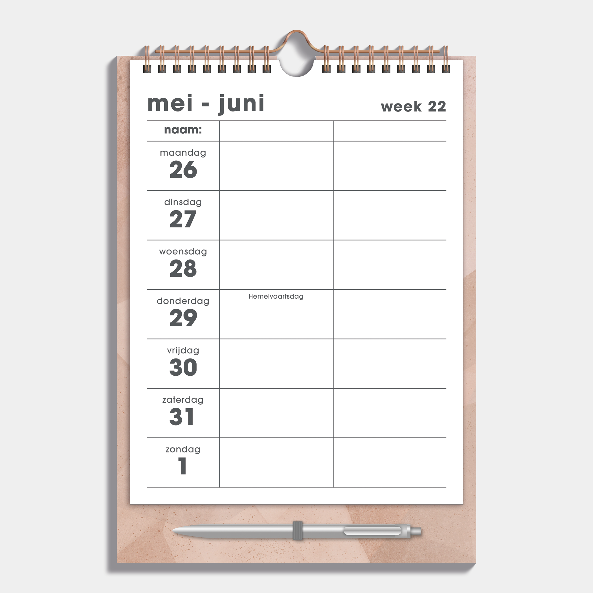 Duoplanner 2025 - 2026 A4 op een oudroze bord met abstracte print, met pen – binnenwerk met weekoverzicht.