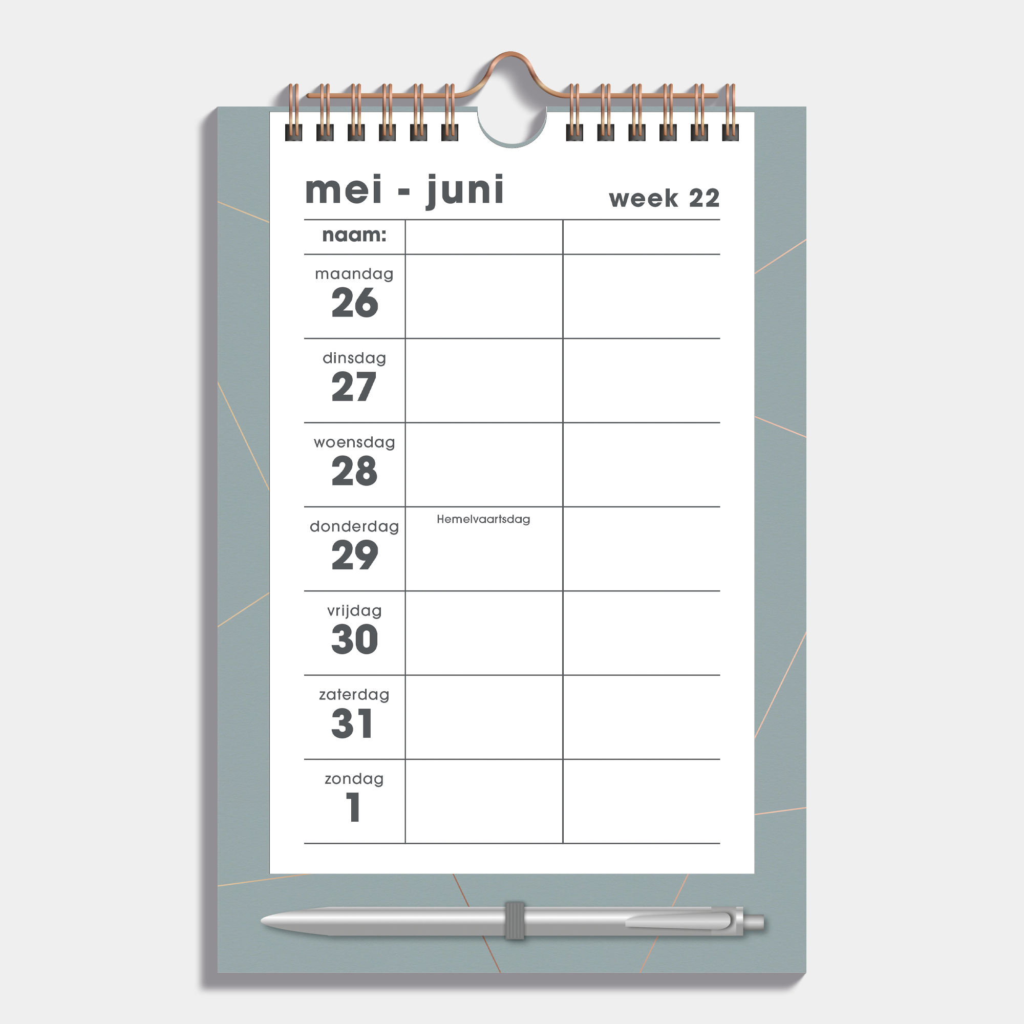 Duoplanner 2025 - 2026 A5 met goudfolielijnen op een grijsgroen bord met pen – binnenwerk met weekoverzicht.