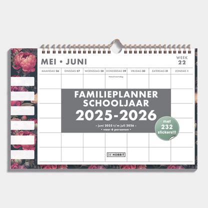 Familieplanner 2025-2026 A3 met klassieke print van rode bloemen voor 6 personen, met stickervel – vooraanzicht.