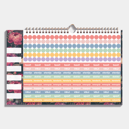 Familieplanner 2025-2026 A3 met klassieke print van rode bloemen voor 6 personen – stickervel met 232 stickers.