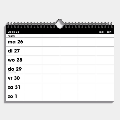 Familieplanner 2025 - 2026 A4 in basic zwart wit, met metalen spiraal voor 5 personen – binnenwerk met weekoverzicht.