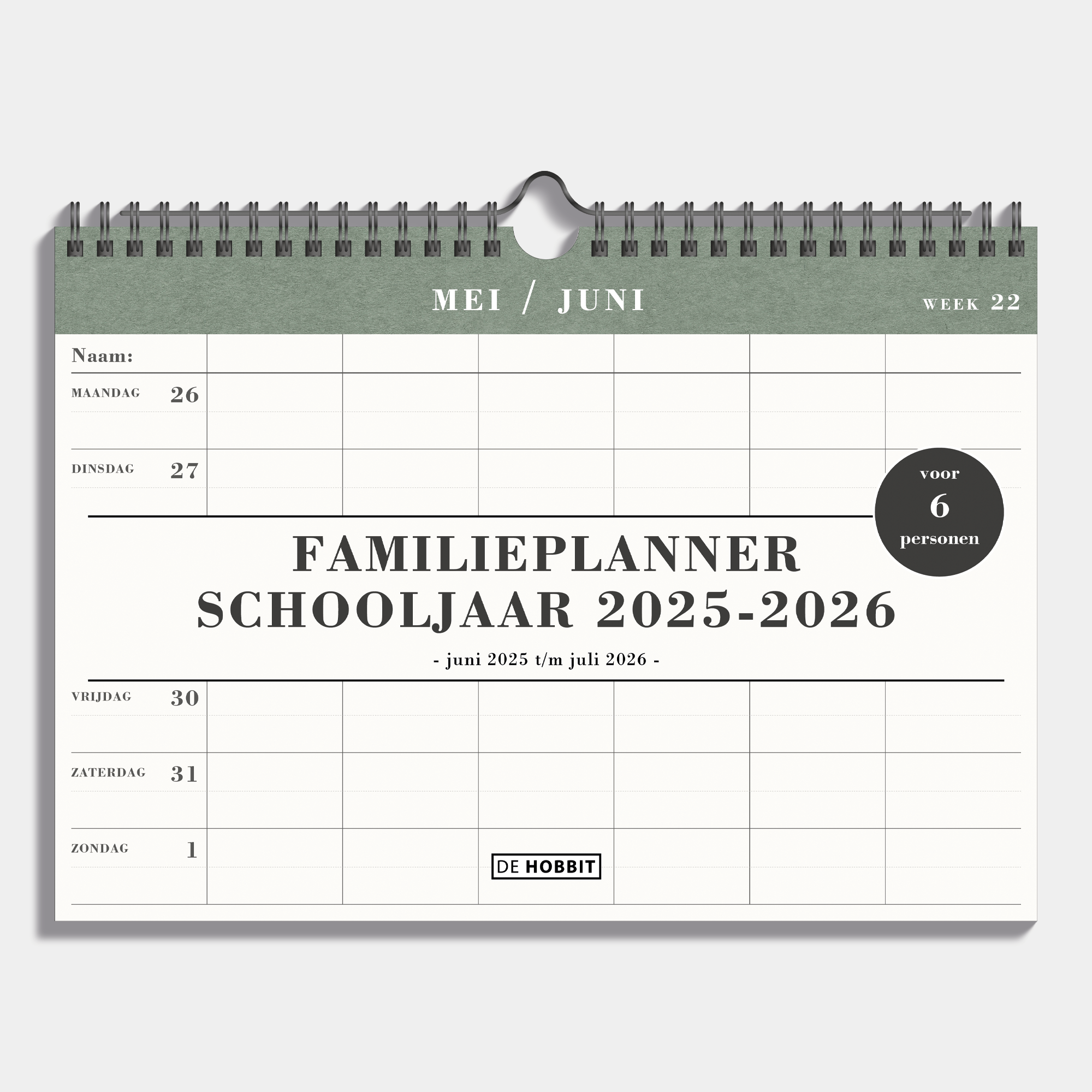 Familieplanner 2025 - 2026 A4 voor 5 personen met groene accenten en crèmekleurig papier en metalen spiraal – vooraanzicht.