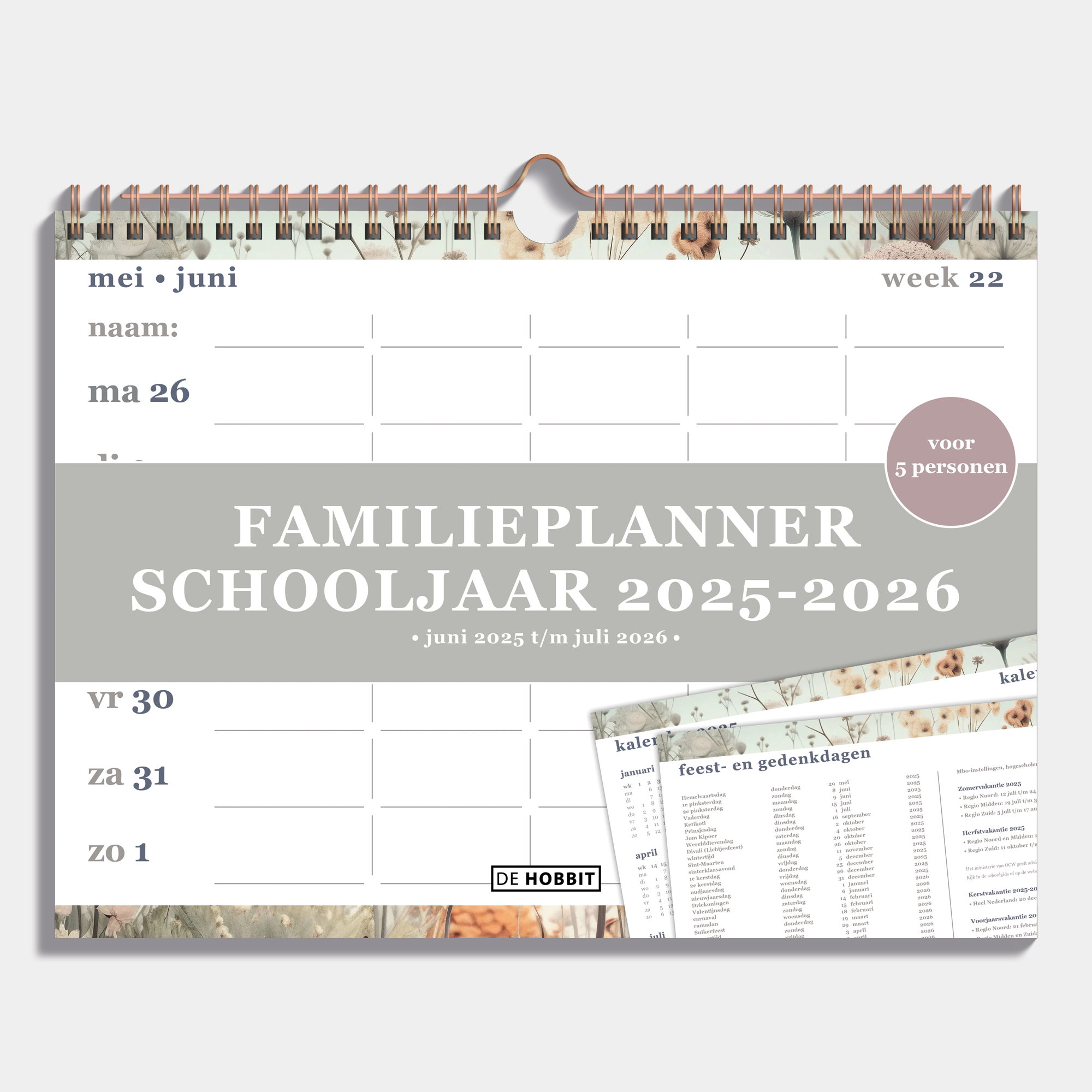 Familieplanner 2025 - 2026 A4 met veldbloemenprint en metalen spiraal voor 5 personen – vooraanzicht.