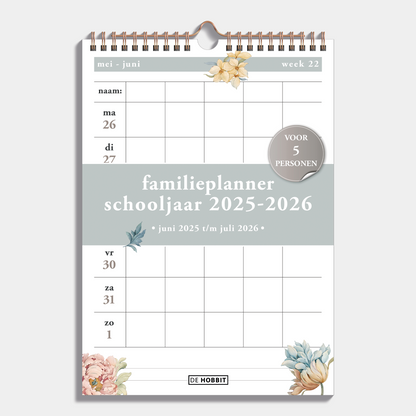 Familieplanner 2025 - 2026 A4 met vintage bloemenprint en metalen spiraal voor 5 personen – vooraanzicht.