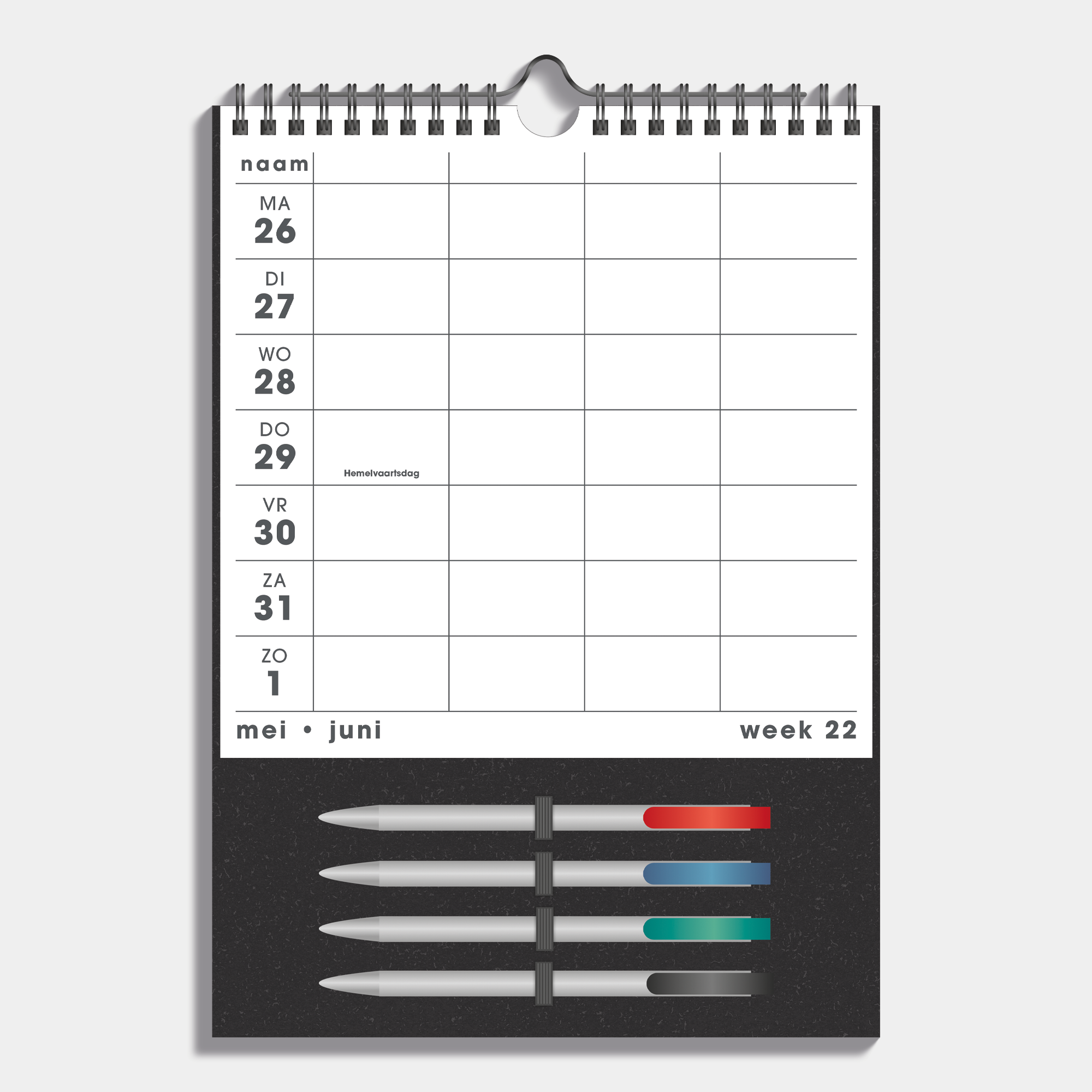 Familieplanner 2025 - 2026 A4 voor 4 personen met wit papier op een donkergrijs bord en 4 gekleurde markers – binnenwerk met weekoverzicht.