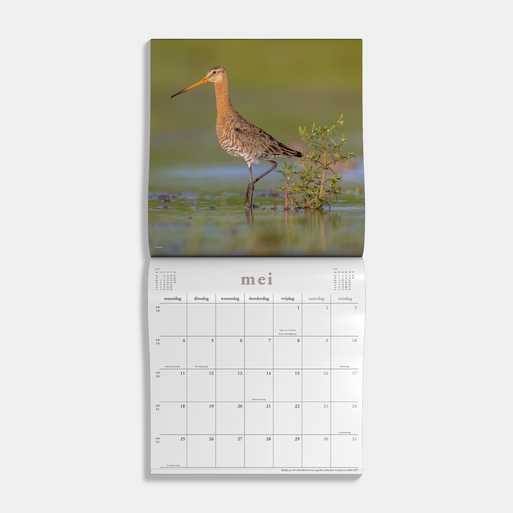 Jaarkalenders 2026 met vogels – binnenwerk met maandoverzicht.