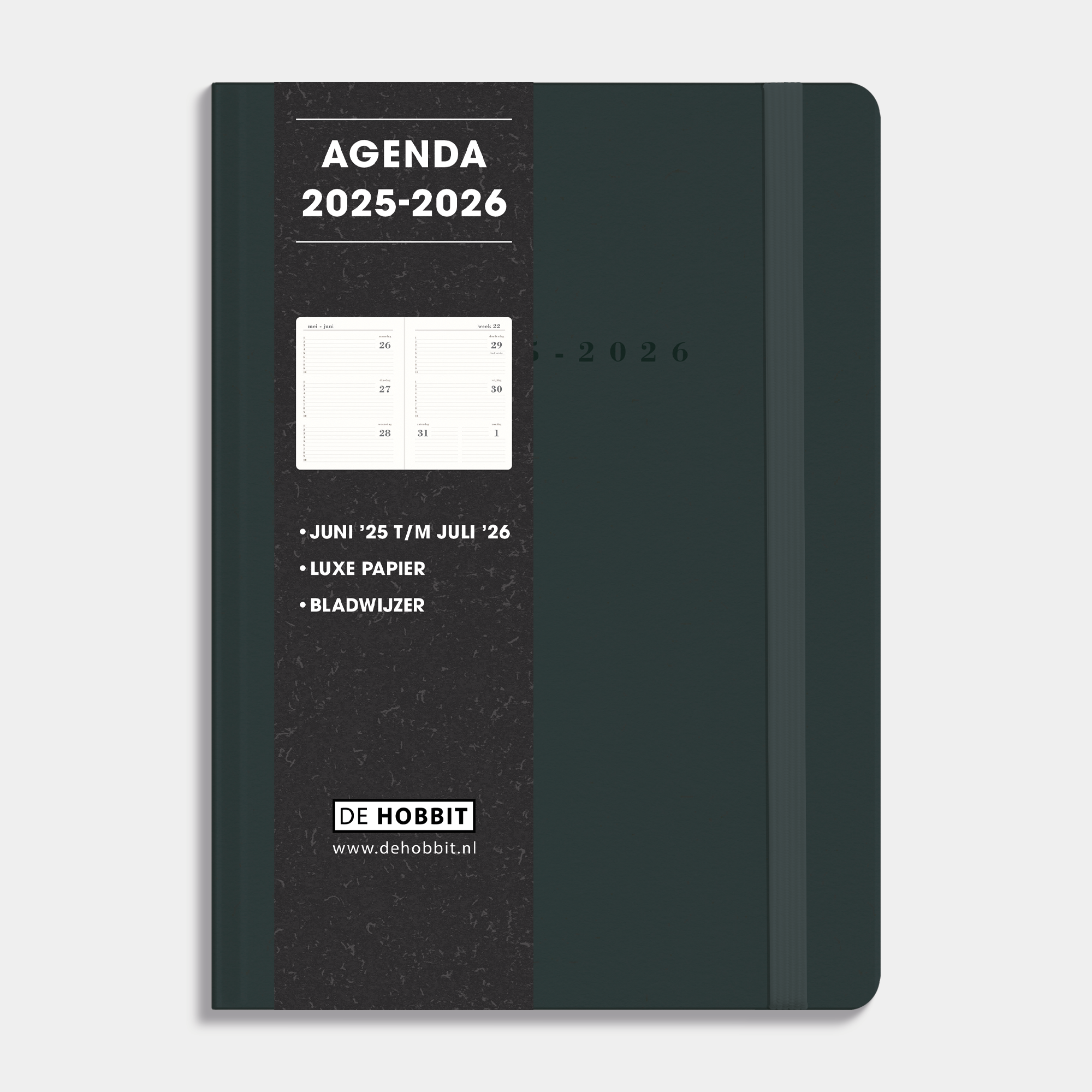 Luxe schoolagenda 2025 - 2026 A5 met grijze suèdelook afwerking, harde cover en elastische sluiting – vooraanzicht met informatieve banderol.