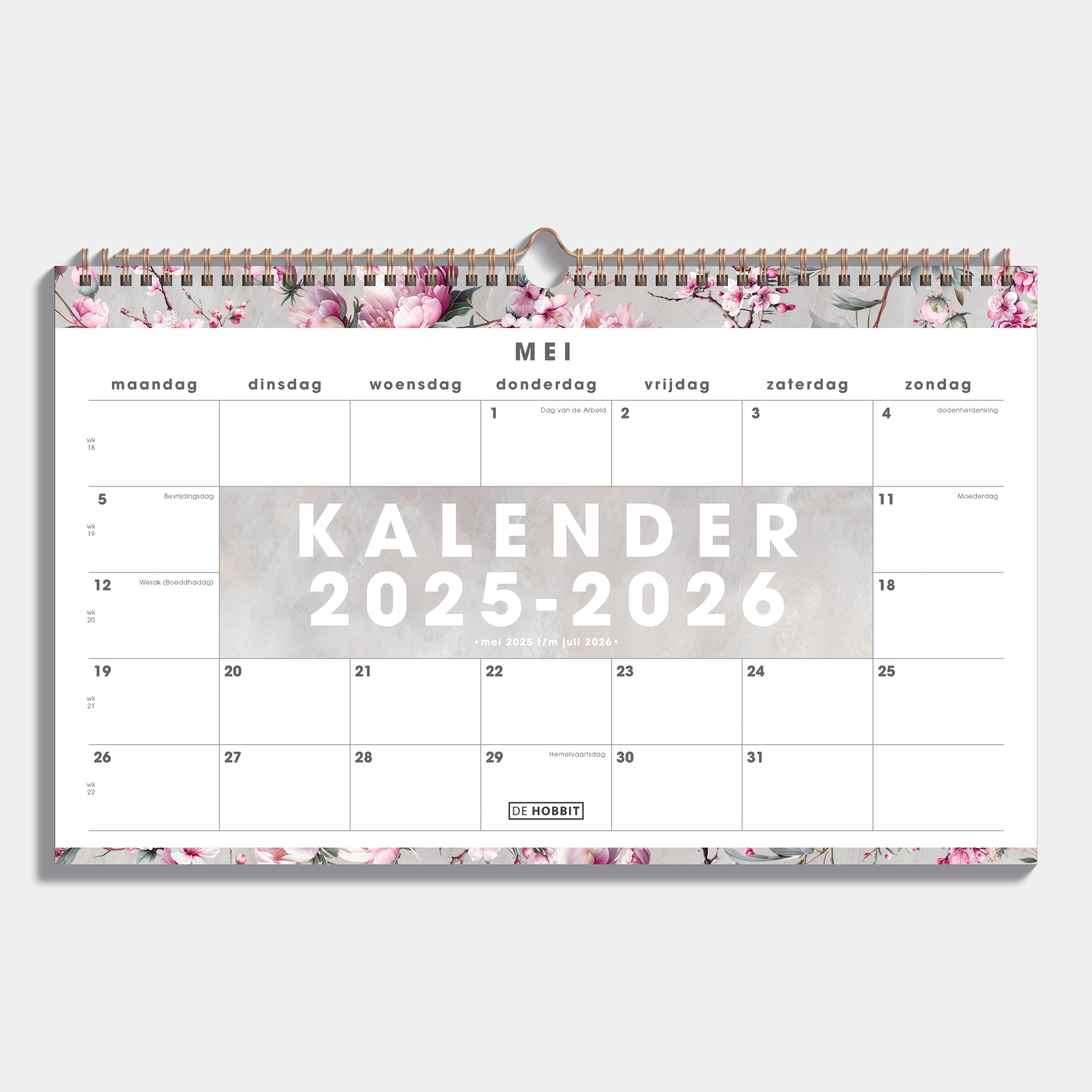 Maandkalender 2025 - 2026 A4 met kersenbloesemprint en metalen spiraal – vooraanzicht.