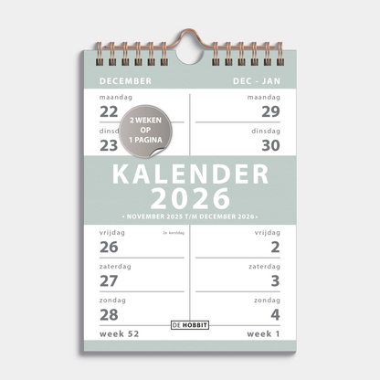 SPIRAALKALENDER 2026 2-WEEKS A5 GRIJSGROEN